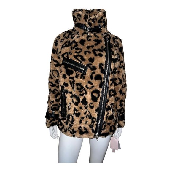 Avec Les Filles Womens Camel Black Leopard Faux Fur Coat Moto Jacket Large NWT - Picture 2 of 9